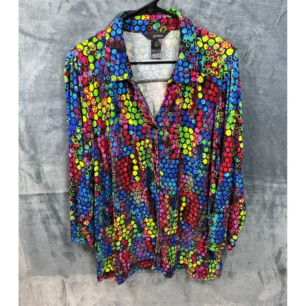 Ali Miles Shirt Womens 2X Geometric Toggle Bar Button Artsy Lagenlook Boho